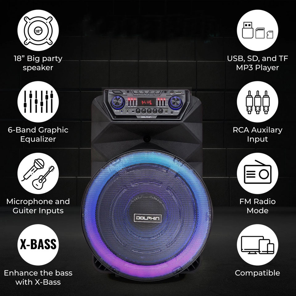 18" 4500W Portable Bluetooth Speaker with Wireless Mic Rechargeable Bass