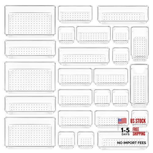 25 PCS Plastic Drawer Organizers Set, 4-Size Versatile Bathroom and Clear