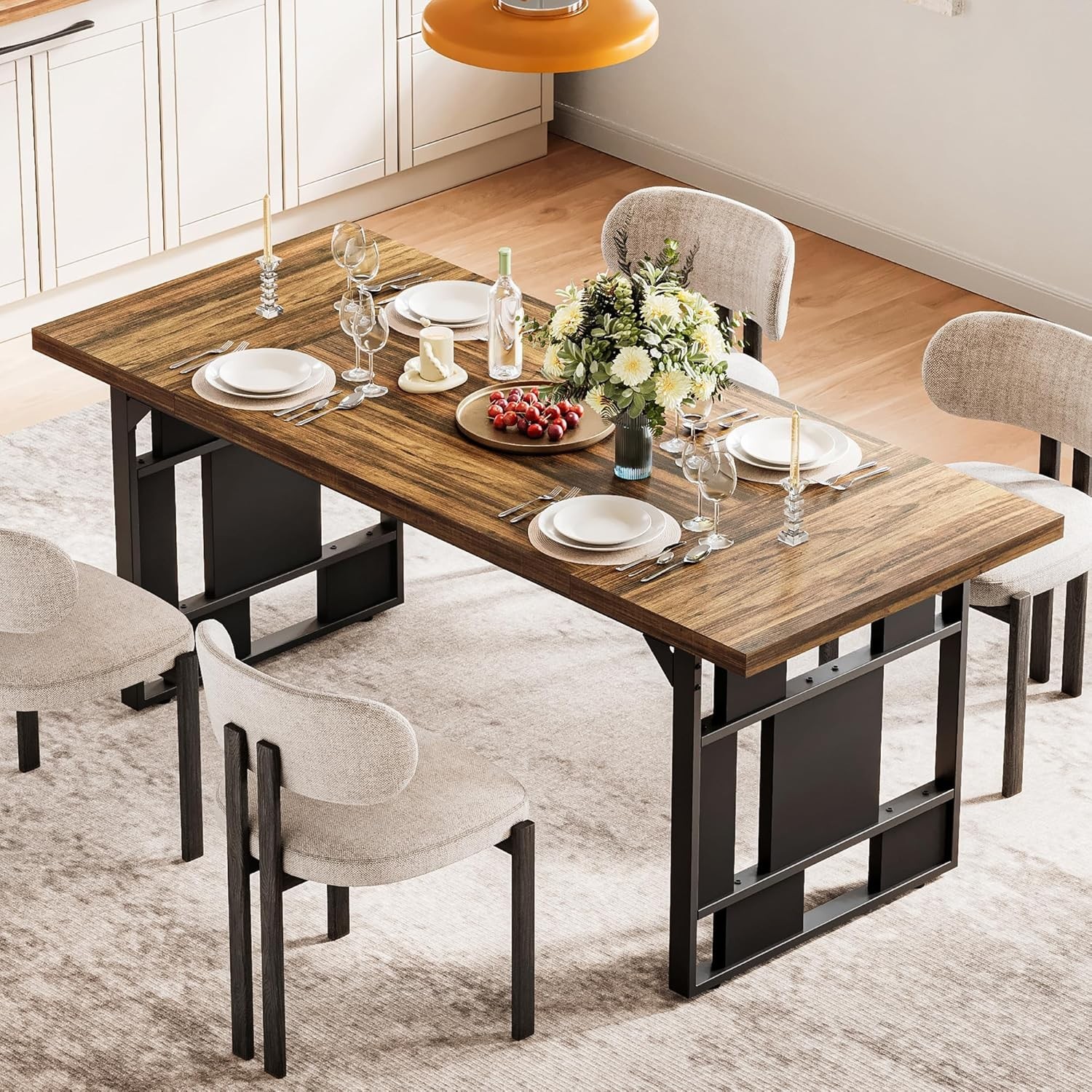 71'' Large Dining Table for 6 People, Farmhouse Kitchen Table with Metal Frame