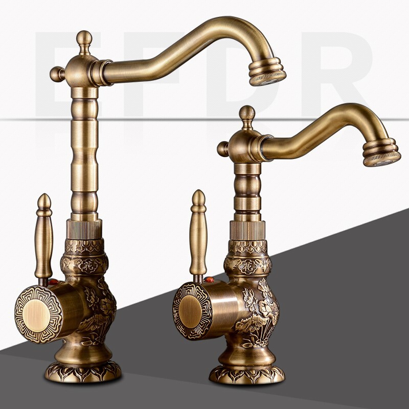 Antique Brass Bathroom Sink Faucet Waterfall Spout Single Lever Vessel Mixer Tap