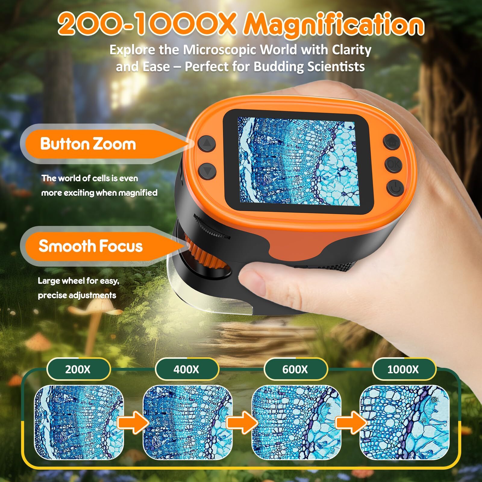 1000X Handheld Microscope for Kids 4K 2.0" Screen Rechargeable Mini Pocket Digit