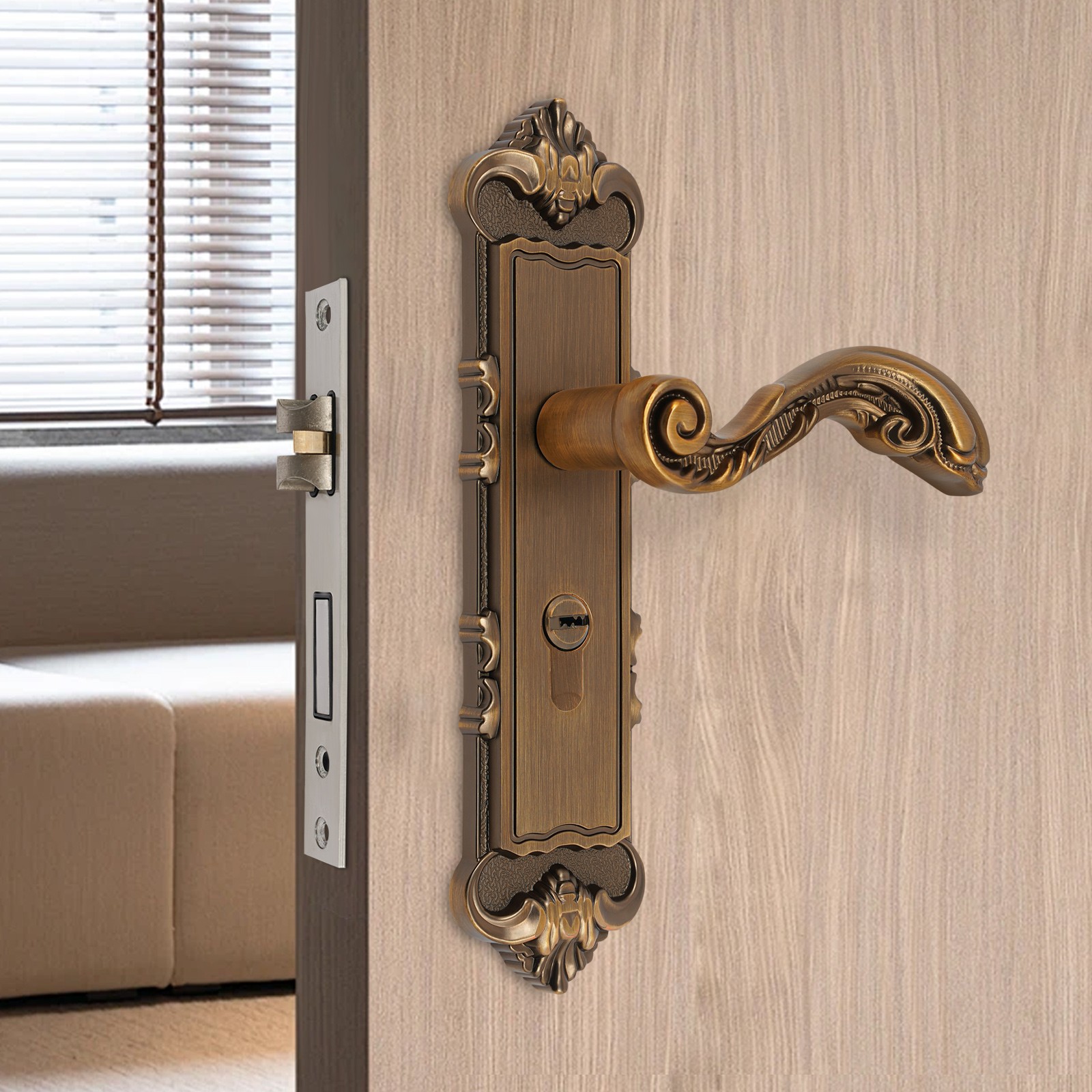 Bronze Continental Antique Door Lock Interior Door Handle Lock Set+Key Universal