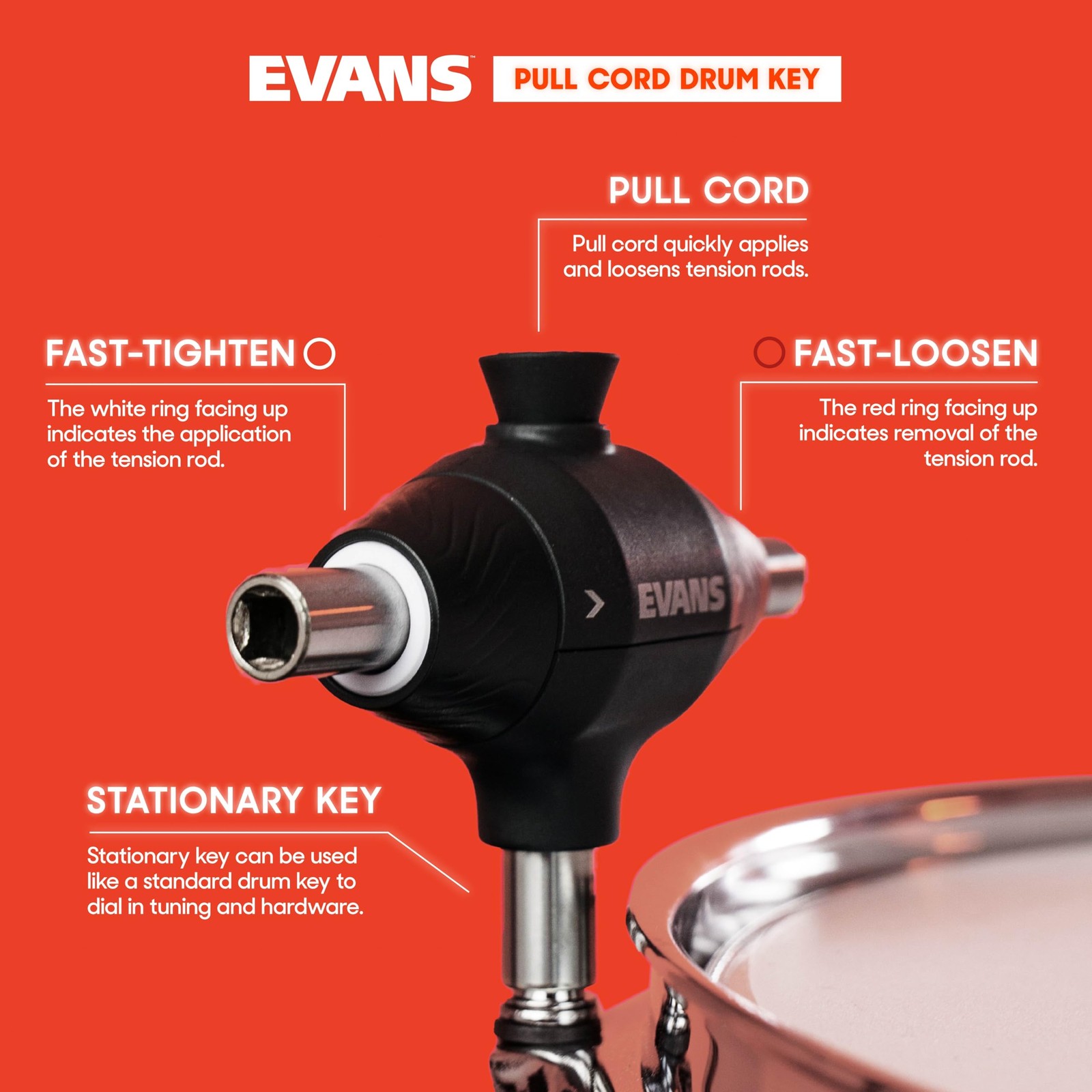 Evans Pull Cord 3-Head Drum Key for Fast Tuning - Mechanical, Durable