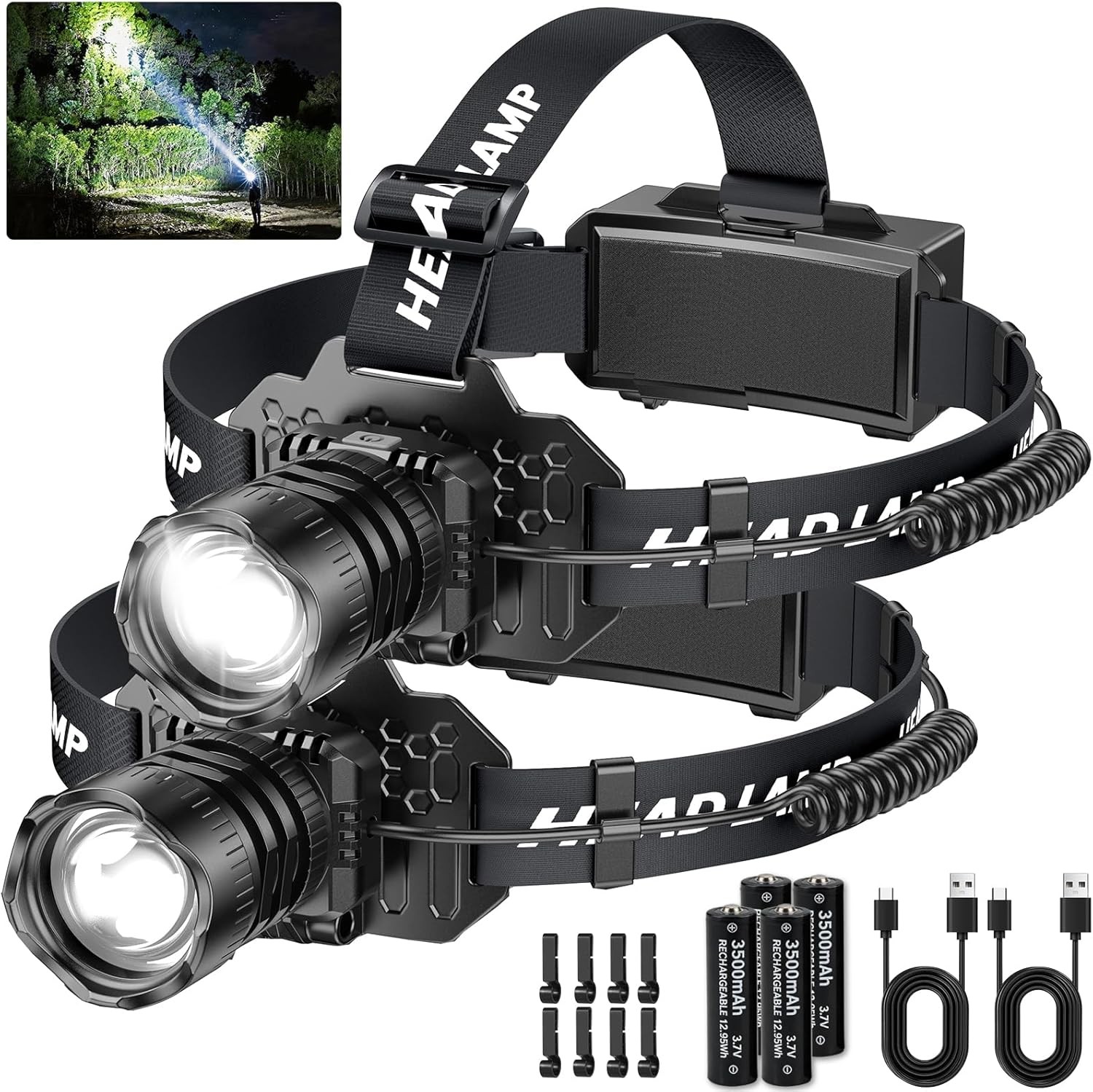Rechargeable LED Headlamp 2 Pack Motion Sensor 90° Adjustable Waterproof
