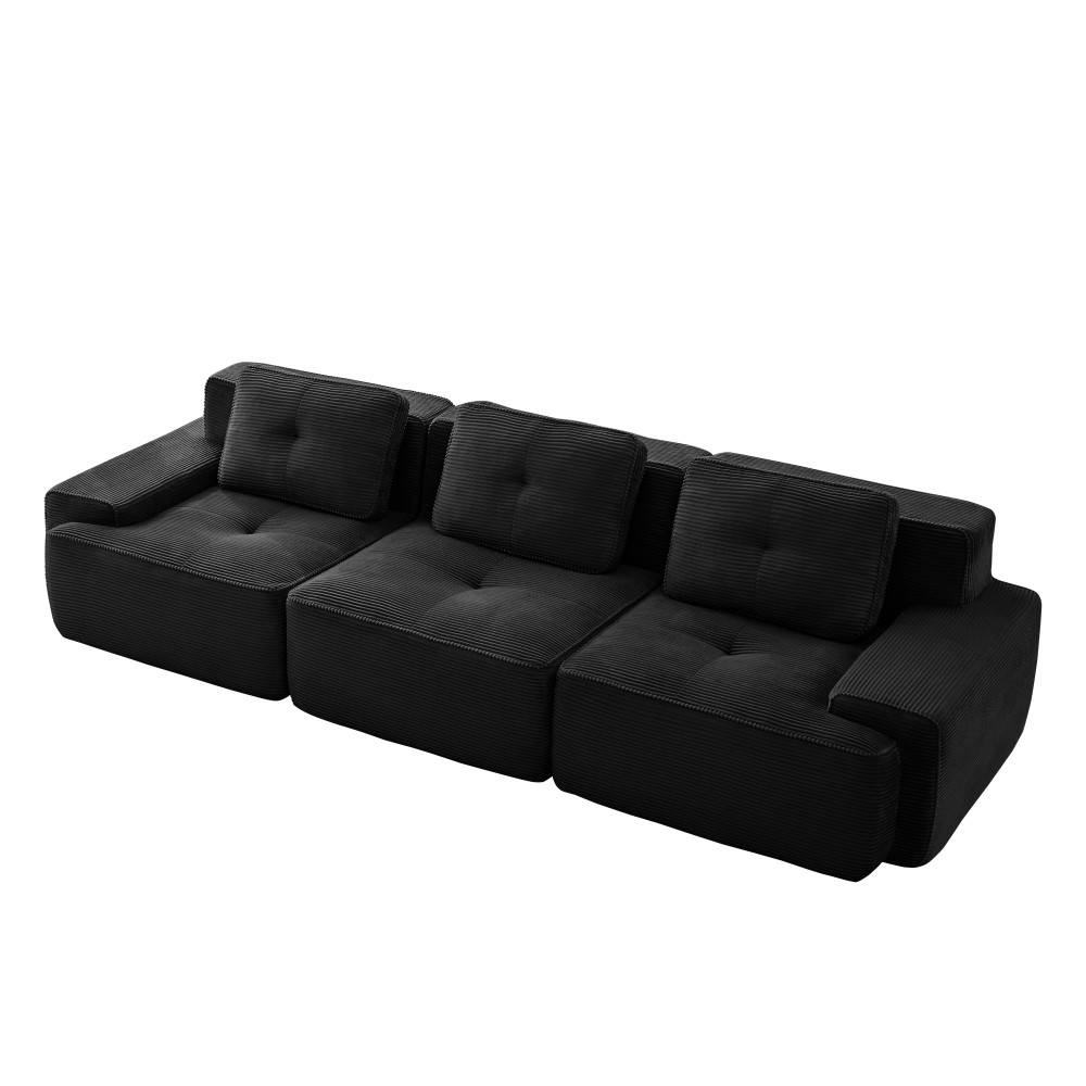 117" Modern Modular Sofa w/ Deep Seat, Tufted Design, Corduroy Fabric, Black