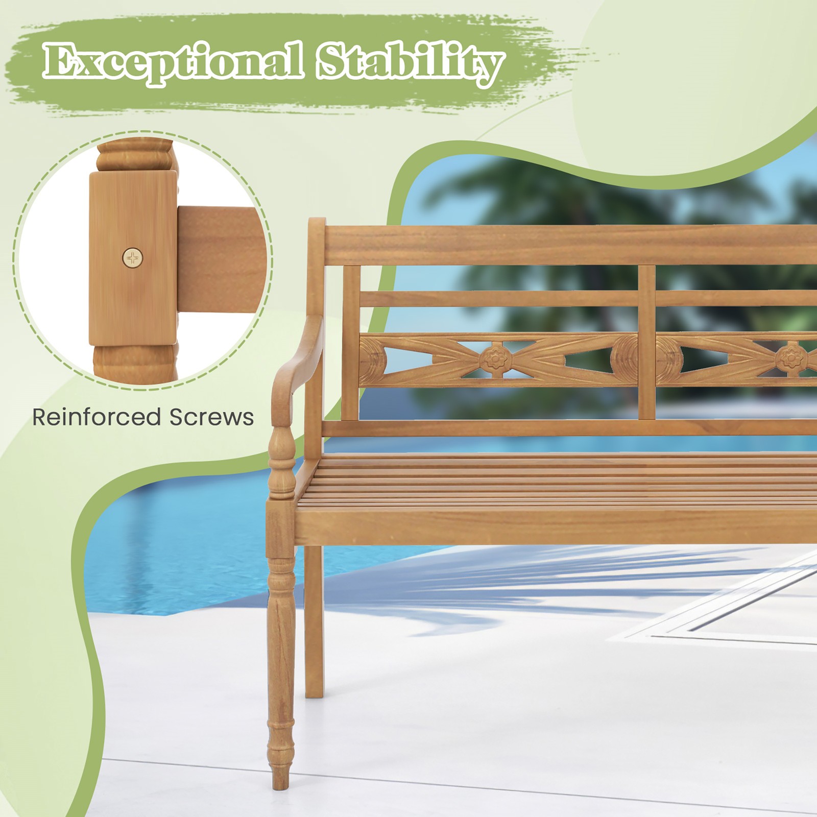 2-Person Garden Bench w/ Wide Backrest & Curved Armrests for Backyard