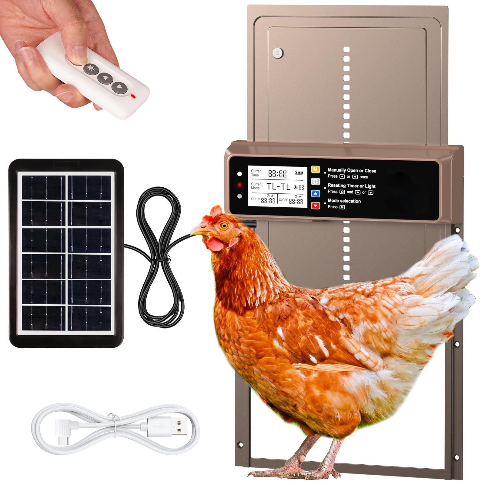 NyPots Automatic Chicken Coop Door Solar 9.6"L x 1.6"W x 13.0"H, Brown