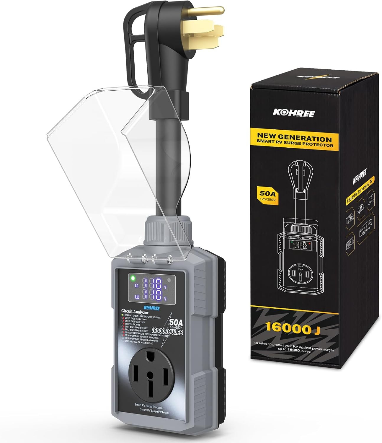 RV Surge Protector 50 Amp, Surge Voltage Protection 16000J, Gray | RV Adapter Pl