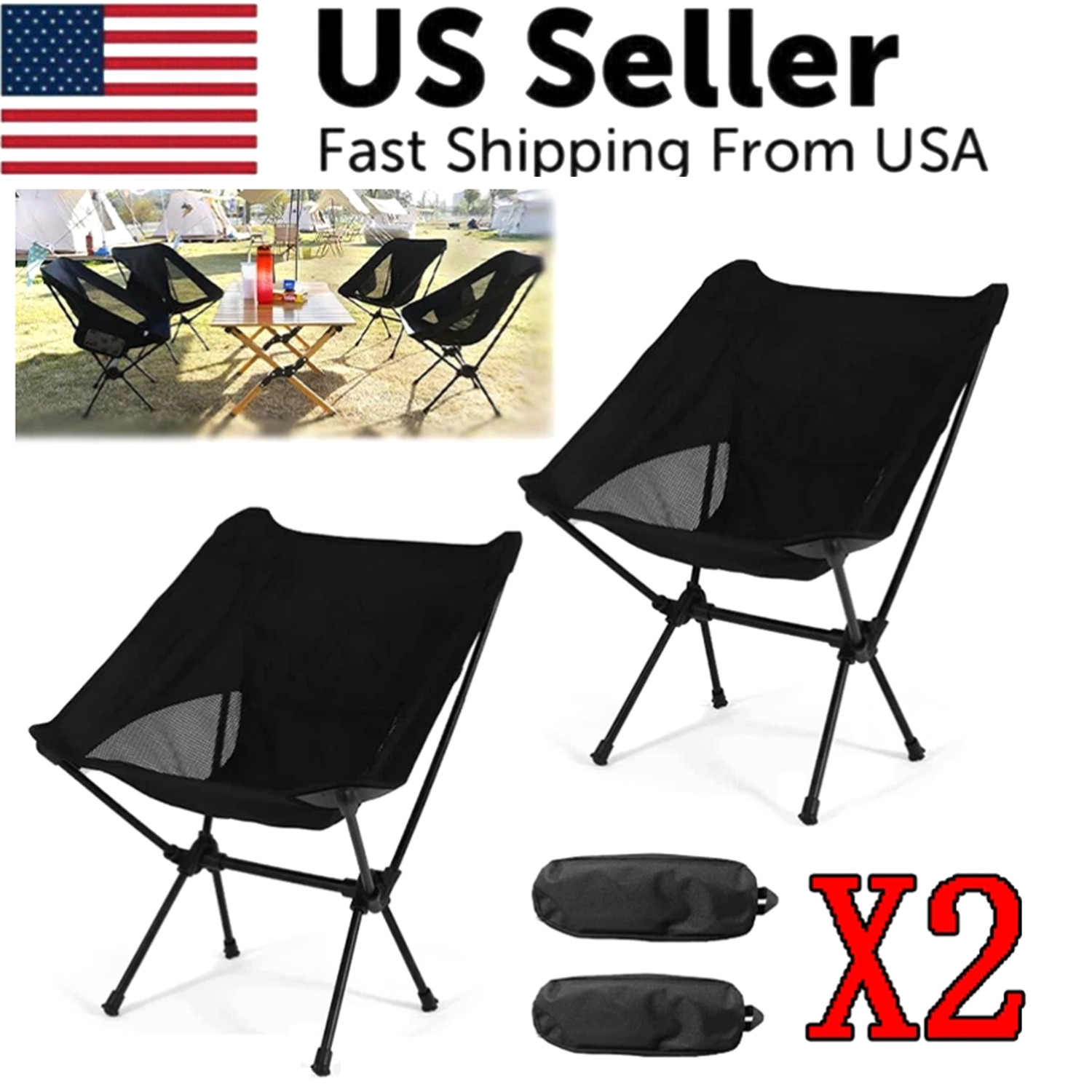 2-Pack Collapsible Camp Chairs w/Carrying Bag Outdoor Chair Camping Hiking