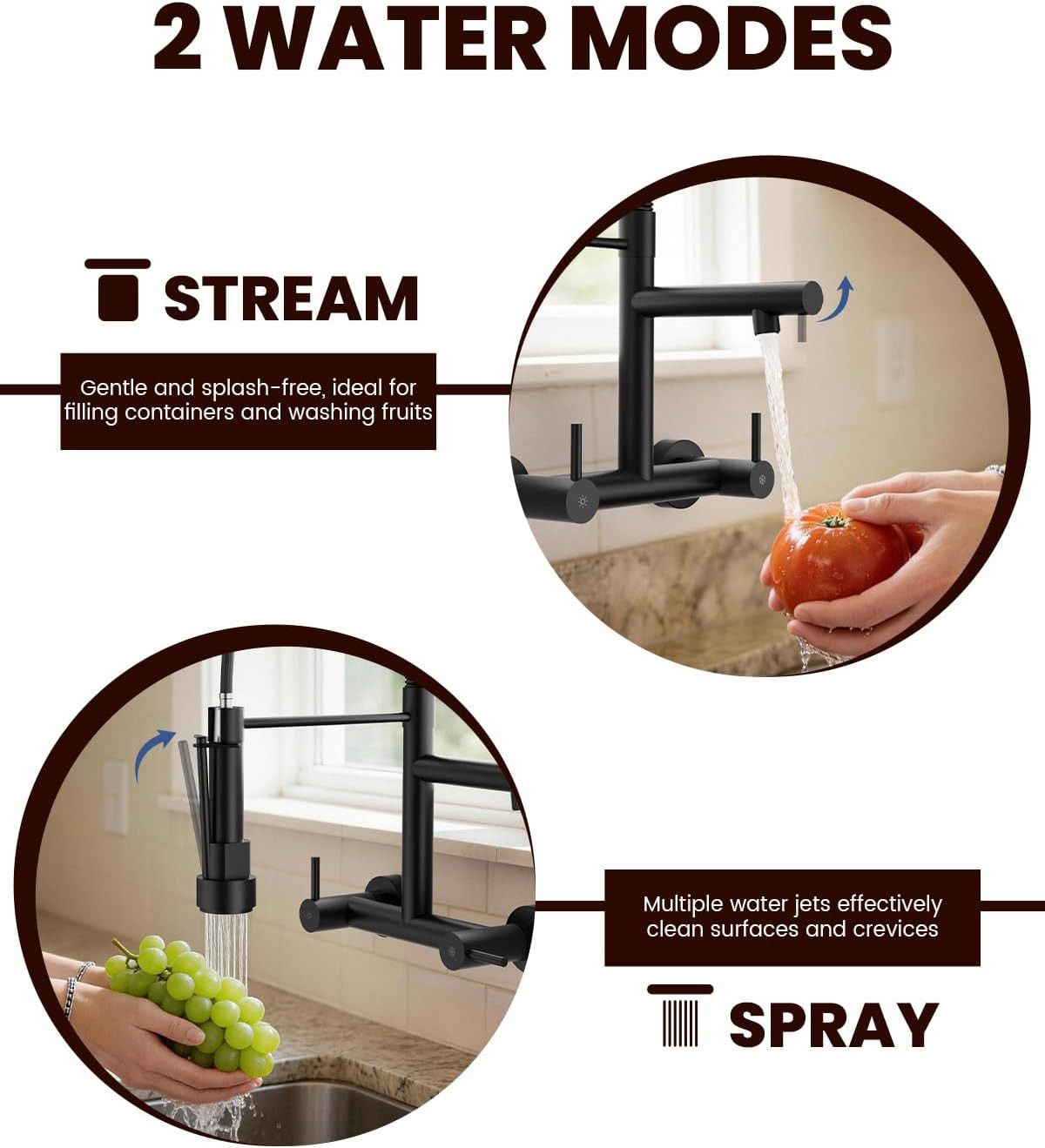 Matte Black Wall Mount Kitchen Faucet with Pull Down Sprayer and 2 Handles