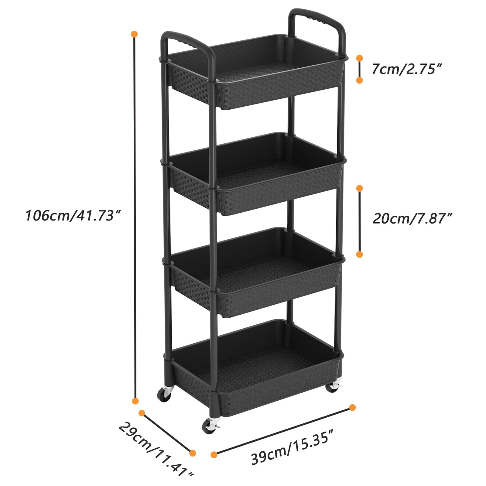 4-Tier Plastic Rolling Utility Cart with Handle, Utility Storage Cart for Off...