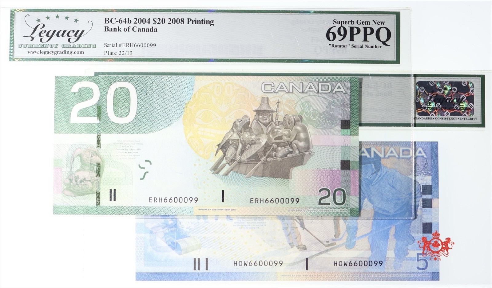 2002 & 2004 Bank Of Canada 5$ & 20$ Rotator Serial Number - Legacy UNC66/69PPQ -