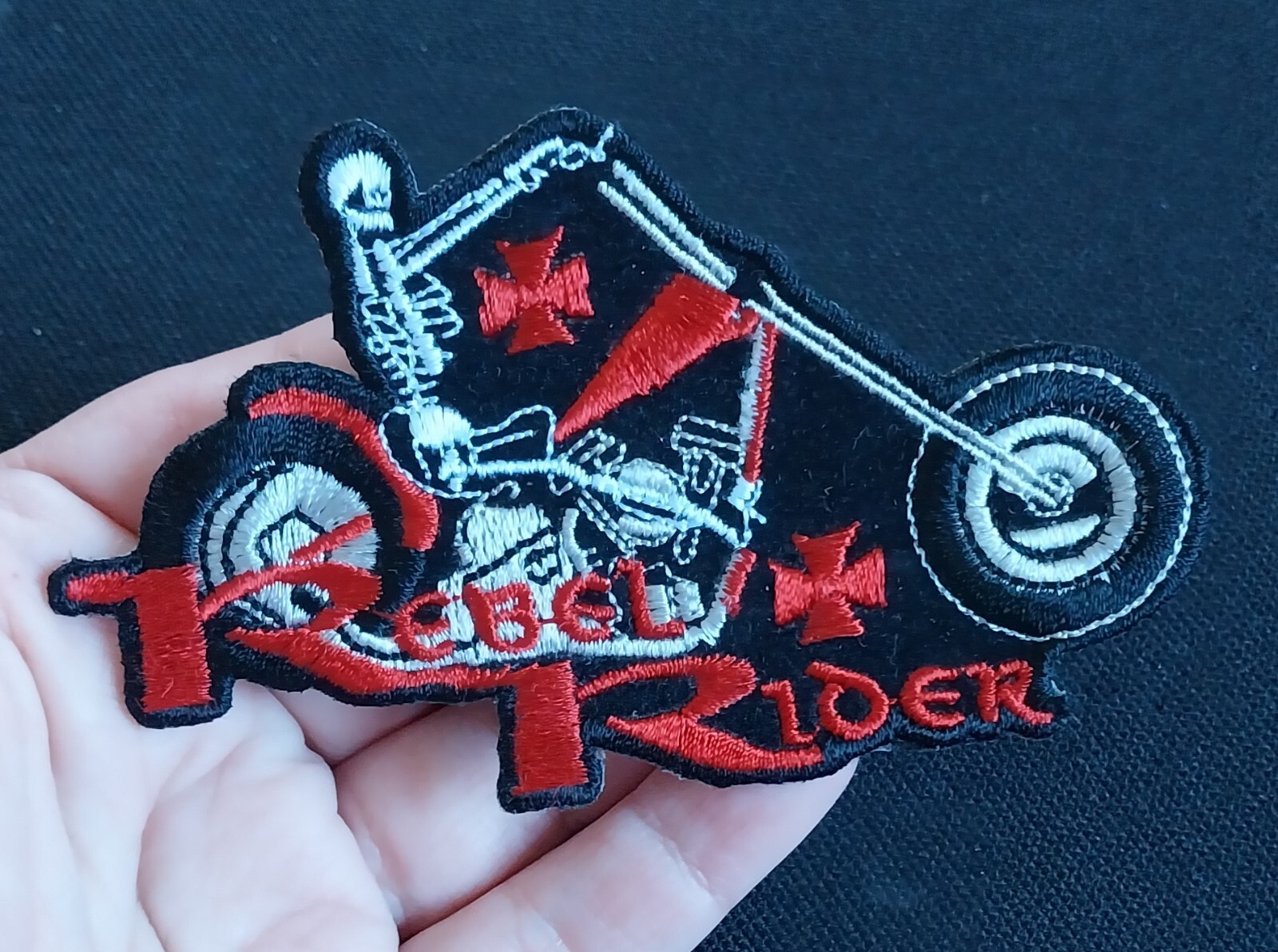 REBEL RIDER SKELETON ON MOTORCYCLE IRON-ON EMBROIDERED BIKER PATCH