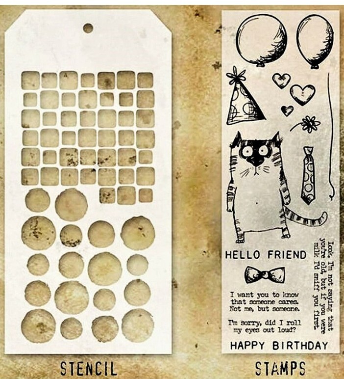 Stampers Anonymous Tim Holtz CAT PARTY Stamp  & Tiles & Splotches Stencil set