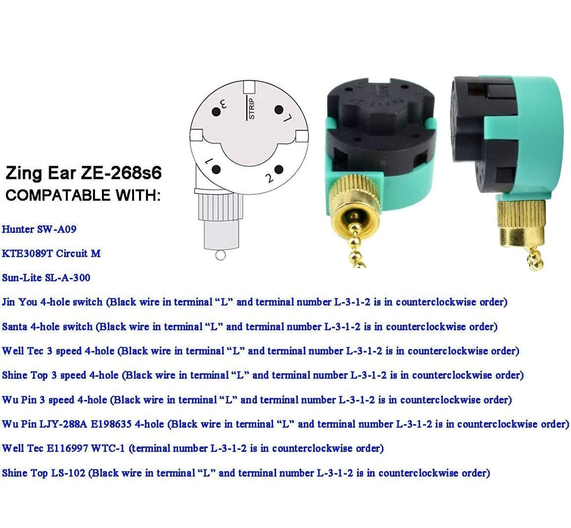 Ceiling Fan Switch ZE-268S6 3 Speed 4 Wire Bronze Zing Ear For Ceiling Light ...