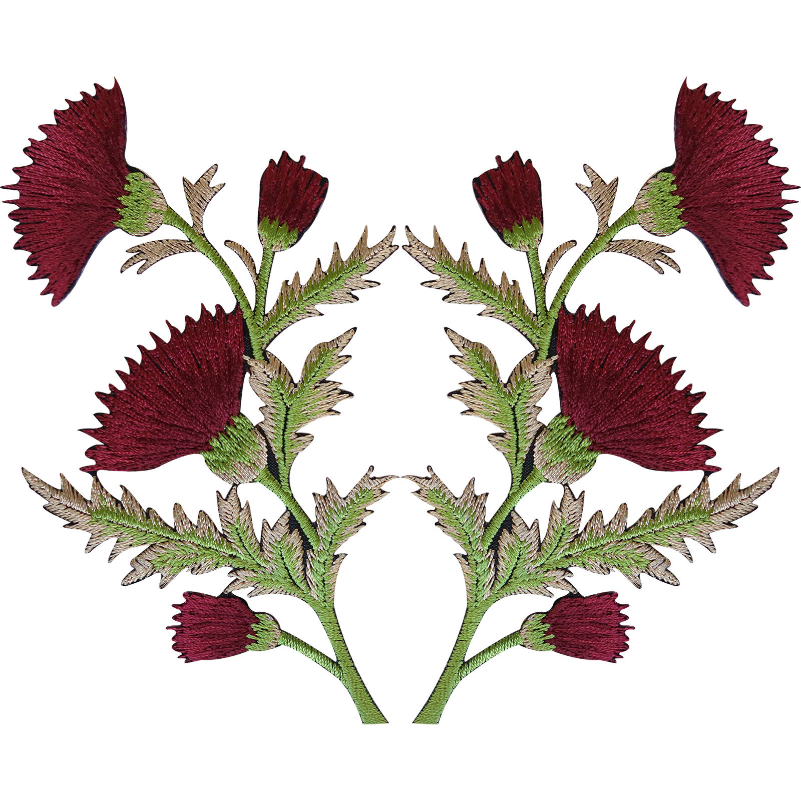 Pair of Burgundy Maroon Red Thistle Flower Patches Iron On Sew On Flowers Patch