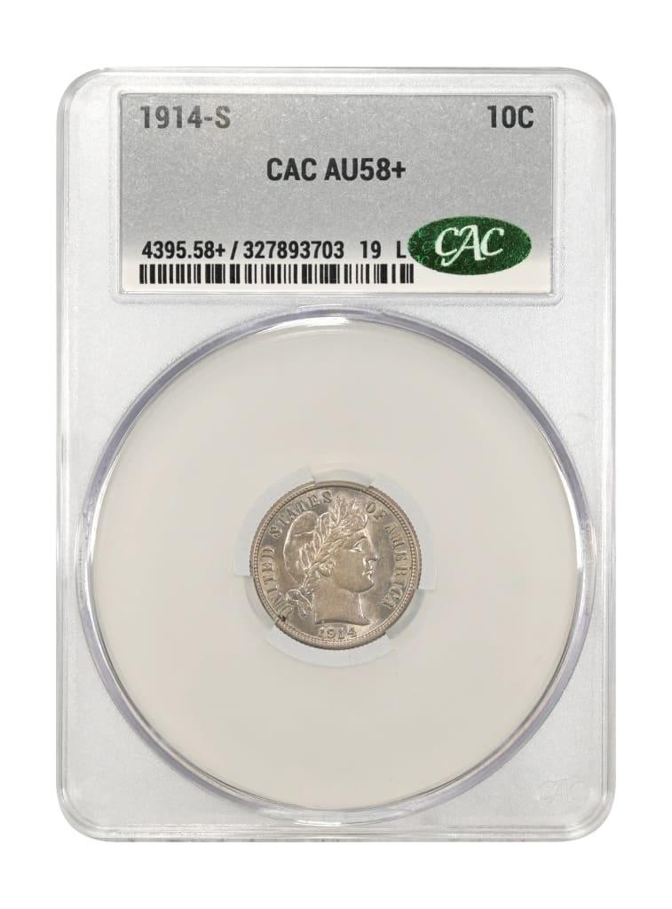 1914-S 10C Barber Dime CACG AU58+