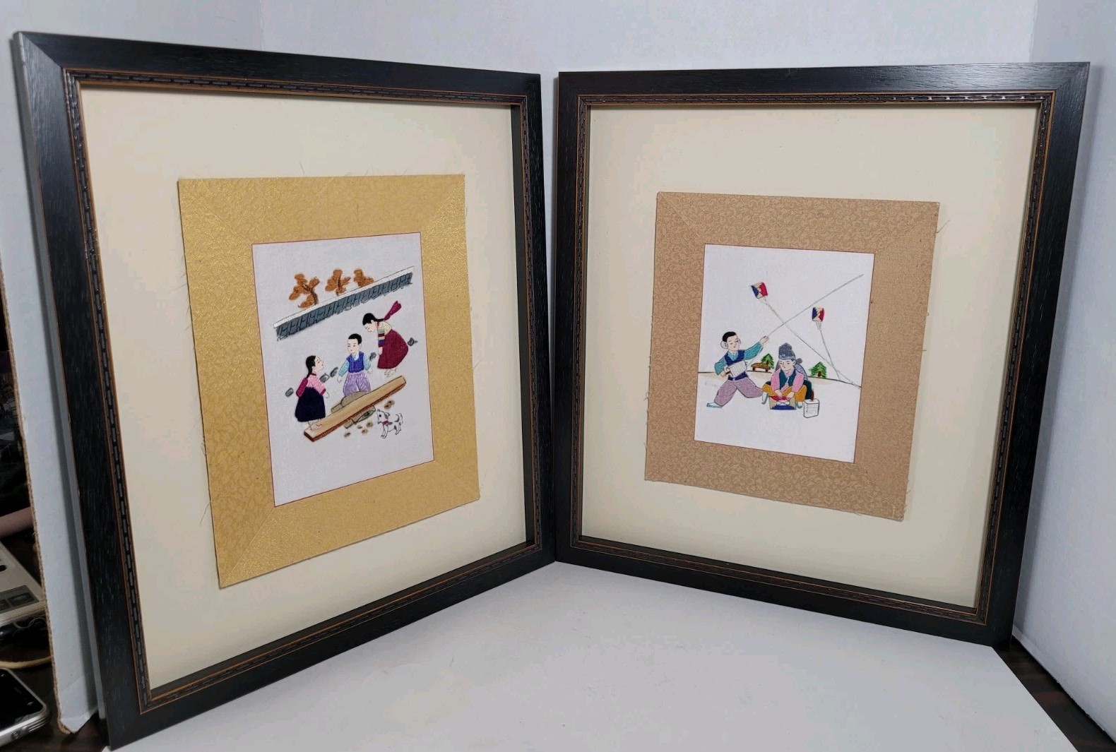 Set Of 2 Japanese Silk Tapestry Prints Children Kids Custom Framed Kit See Saw