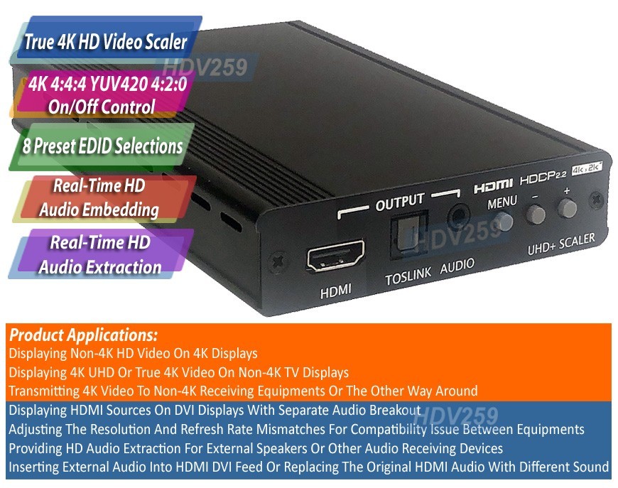 4K HD Video Up Down Converter Scaler with Audio Extraction Embedding HDMI 2.0