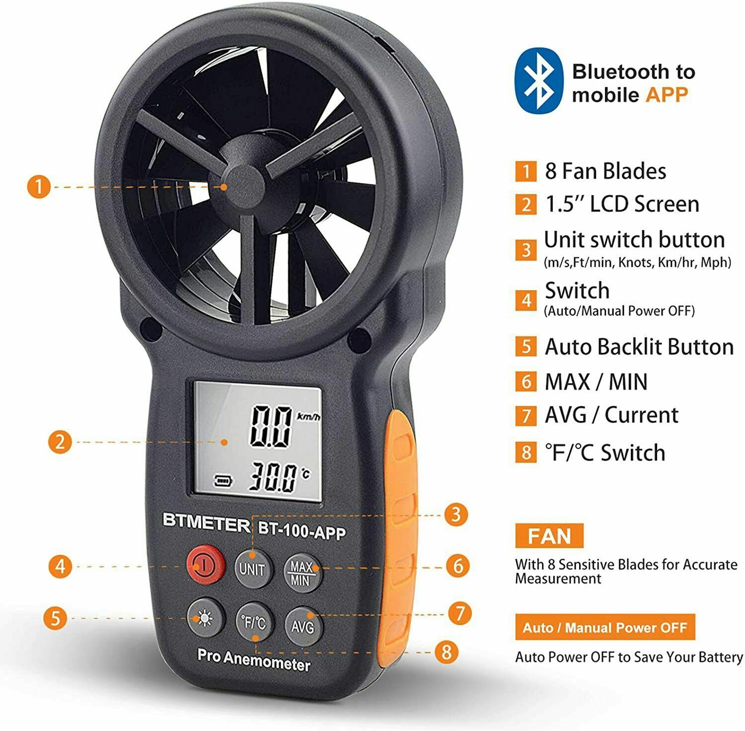 Bluetooth Anemometer Handheld Wireless Anemometer Wind Speed Meter 0.3~30m/s