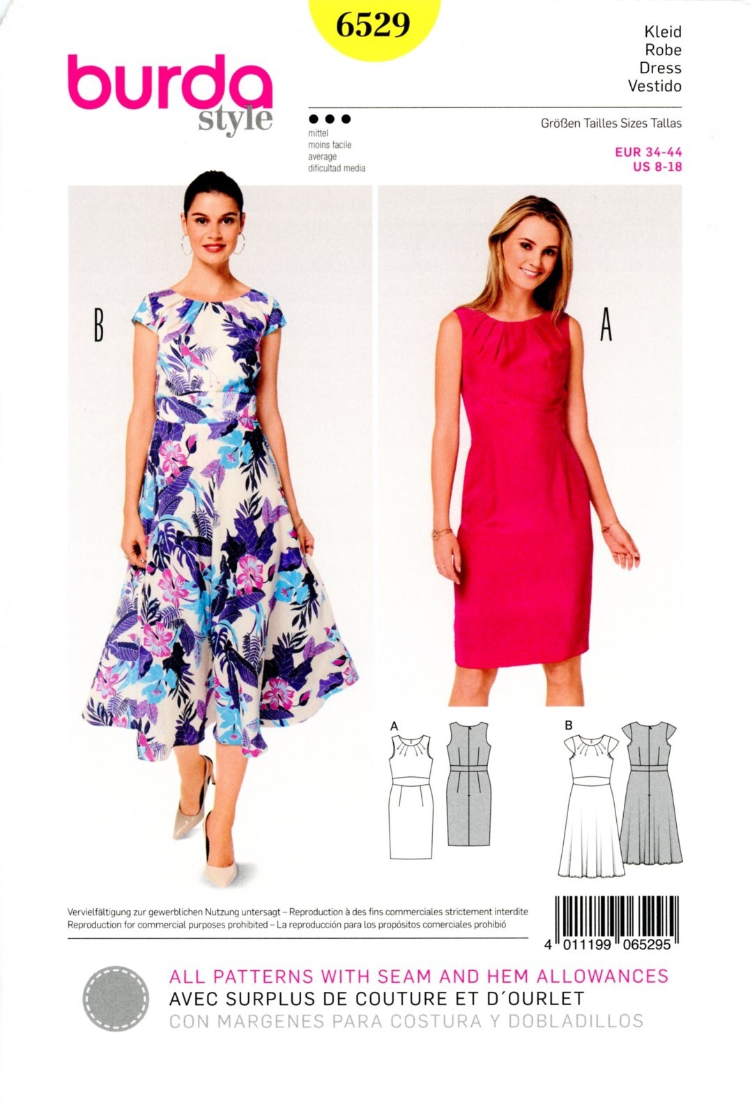 Burda 6529 Bell or Flared Dress w Midriff Band & Radiant Neck Pleats Sz 8-18 UC