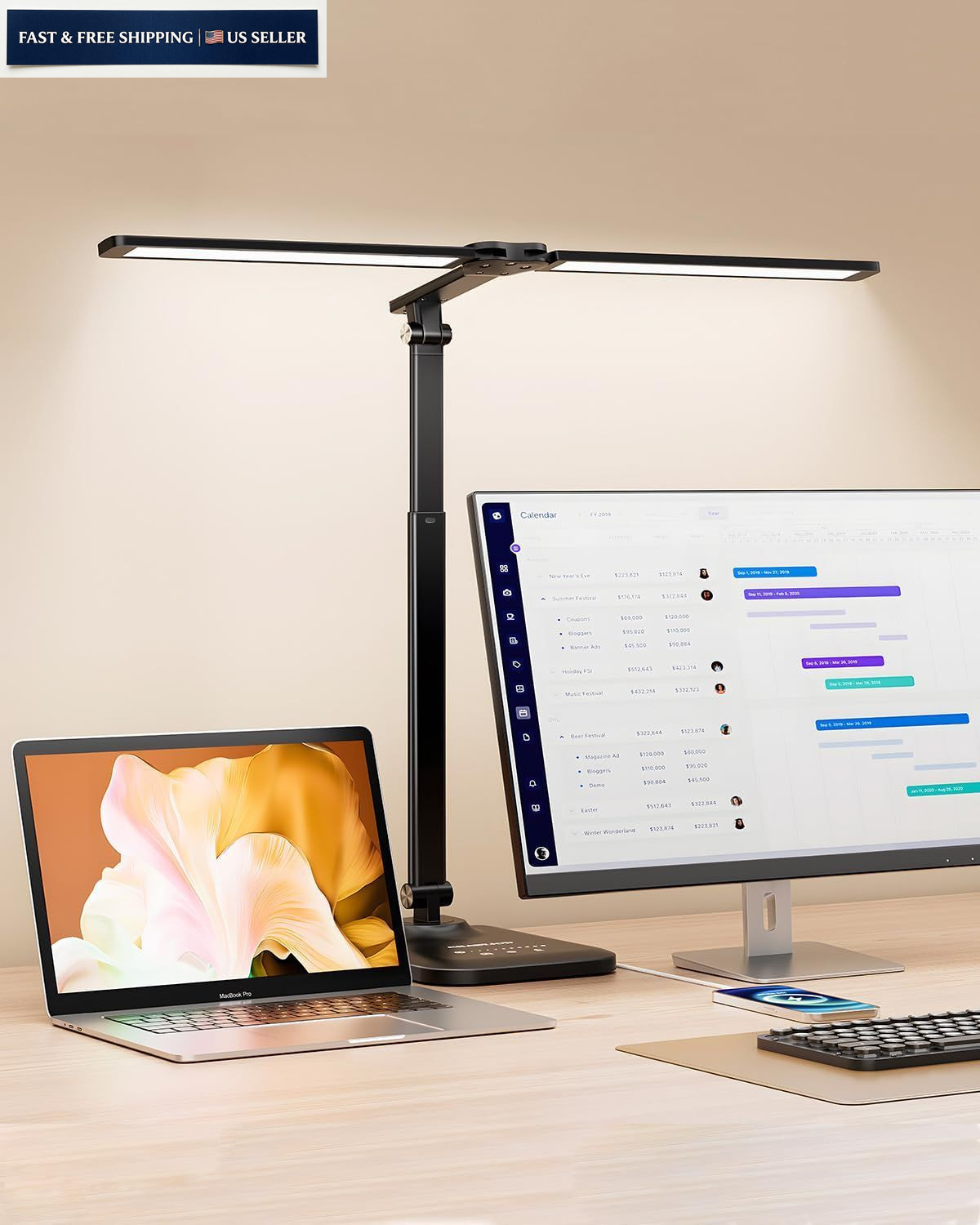 CHARYJOD LED Desk Lamp for Office Home, Height Adjustable Standard, Black