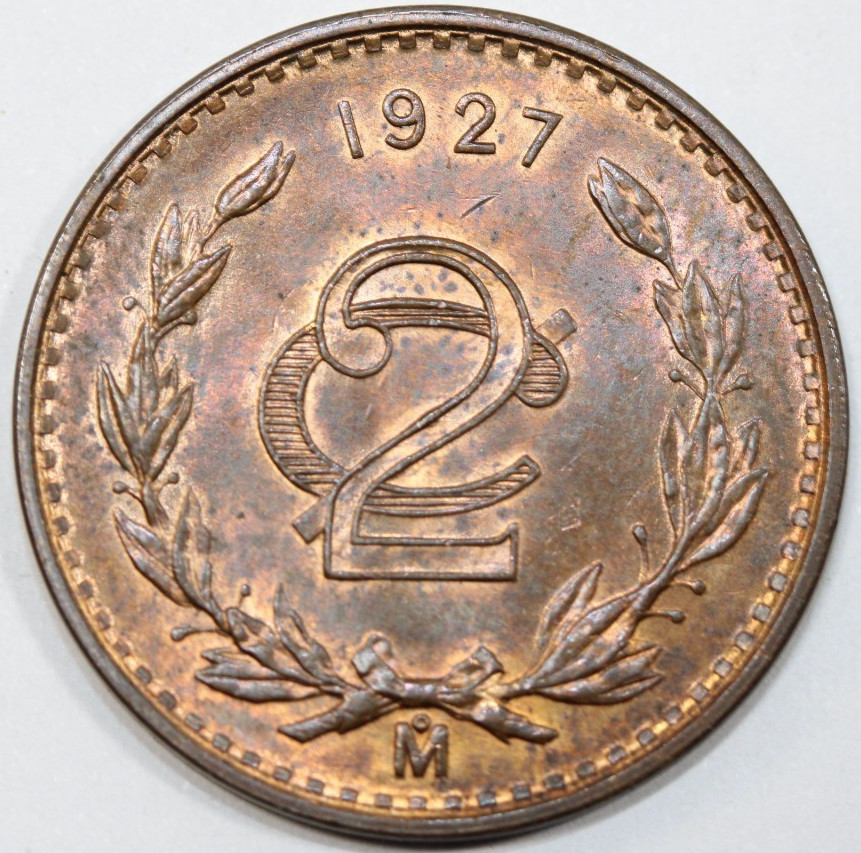 Mexico 1927 2 Centavos LUSTROUS TONED R+B UNC   #0185