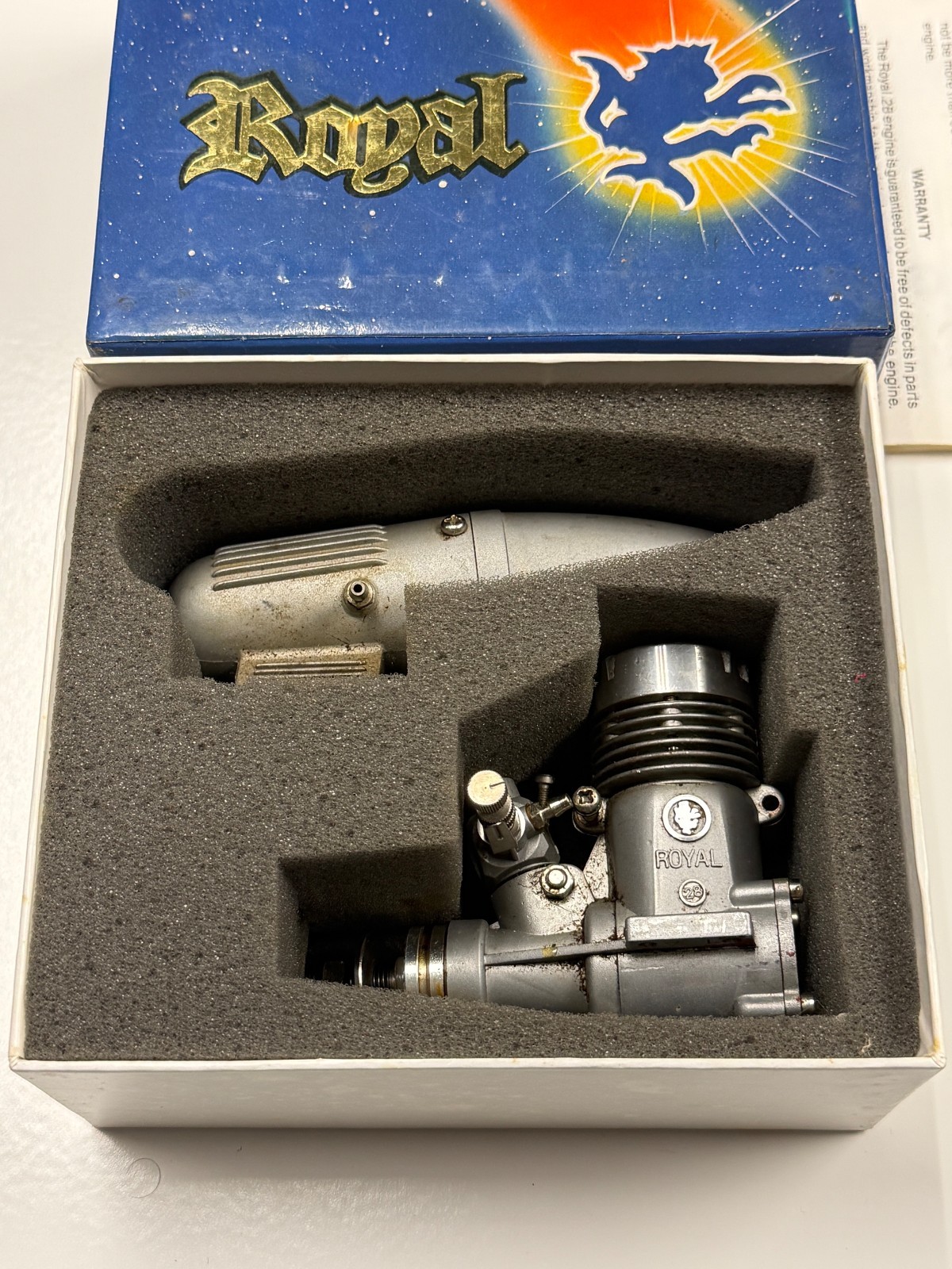 Royal .28 Model Airplane Glow Engine w/ Muffler & Original Box Vintage RC Engine