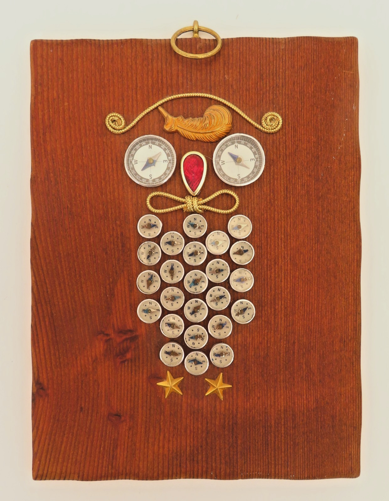 Owl Wood Plaque Mixed Media Assemblage Steampunk Style Art Piece Compasses 8"x6"