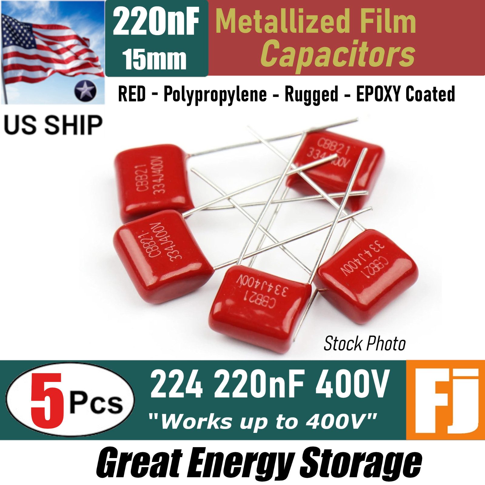 5pcs 224 220nF 400V 15mm Metallized Polypropylene Film Capacitor | US Ship