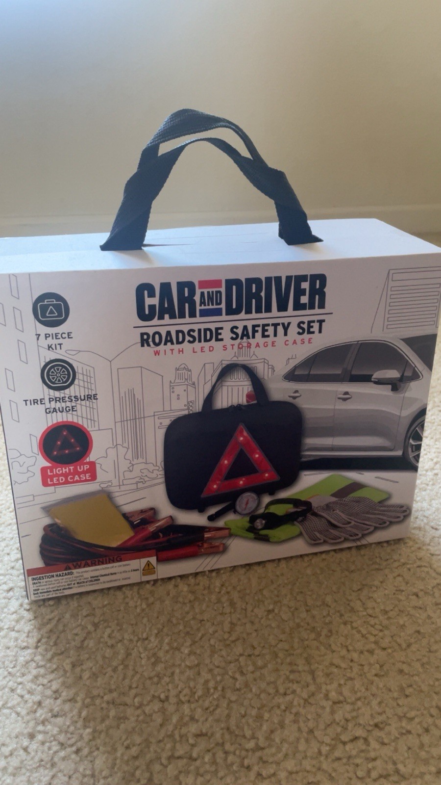 7pc Roadside Safety Set w/ LED Storage Case (Jumper Cables, Tire Gauge, + More)