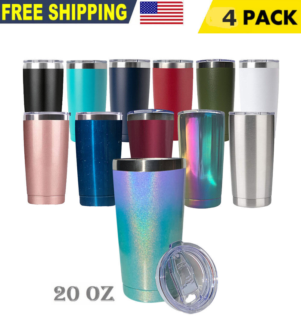 4 Pack 20oz Stainless Steel Tumbler Slider Lid Double Wall Vacuum Insulated