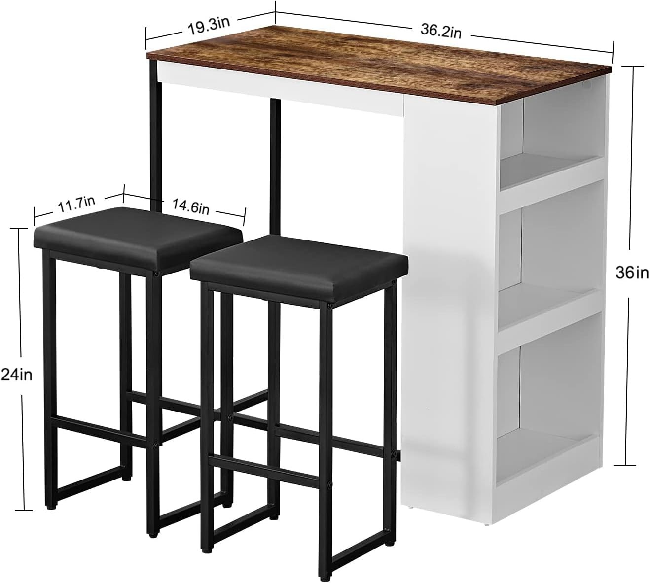 3 Piece Dining Table Set Kitchen Bar Table W/ Two Stool Storage Shelves Wood