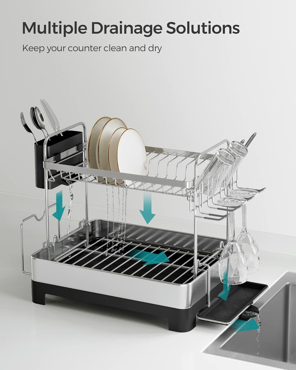 Dish Drying Rack 2 Tier Dish Rack Kitchen Counter W/ Rotatable & Extendable
