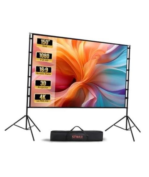 150 Inch Projector Screen with Stand, 16:9 4K HD Portable Projector Screen