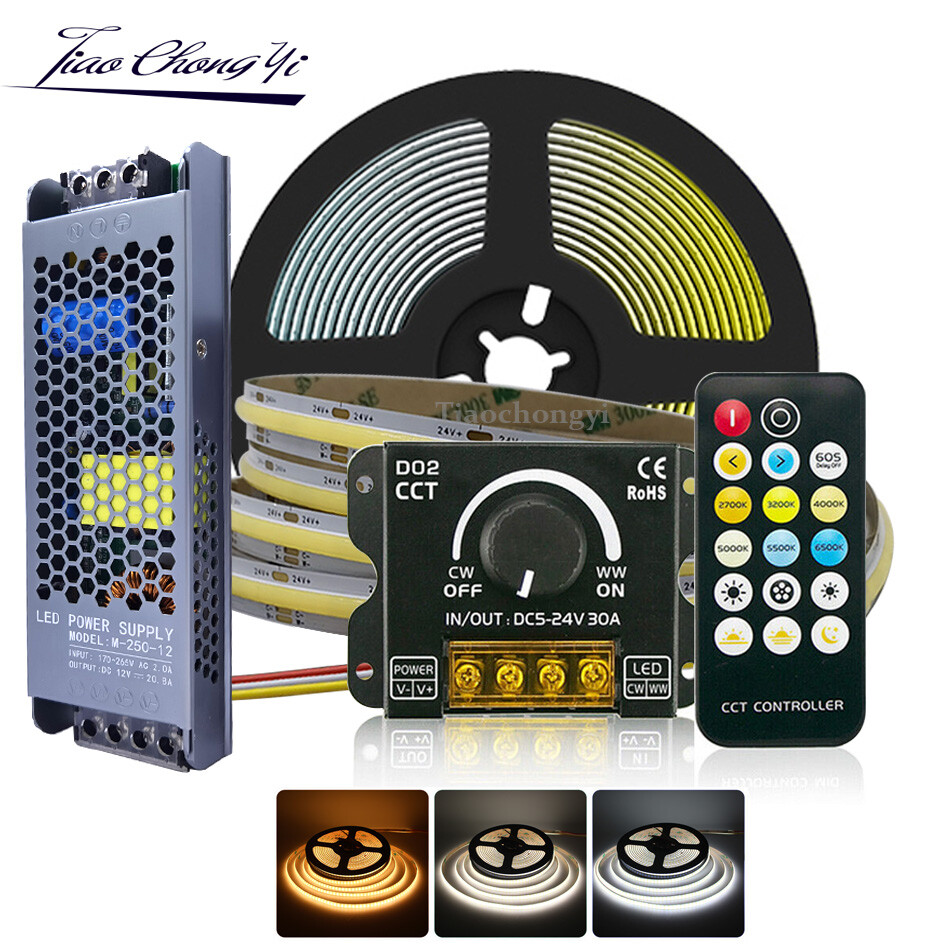 CCT COB Dual color LED Light Strip 24V 576LEDs/m with RF Dimmer controller Kit
