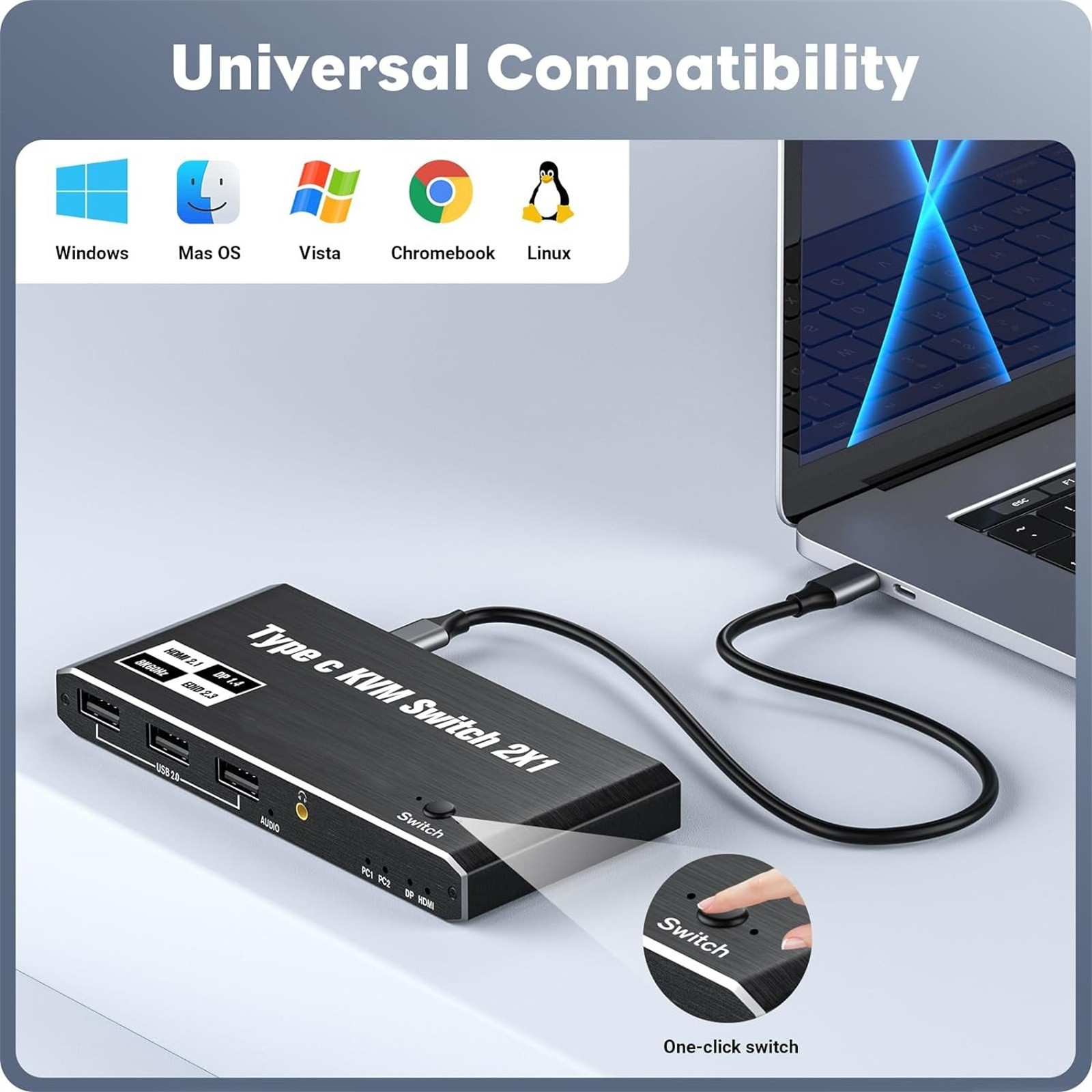8K 2x1 USB C KVM Switch 100W PD Charge 2 In 1 Out For 2 Laptop 1 Monitor