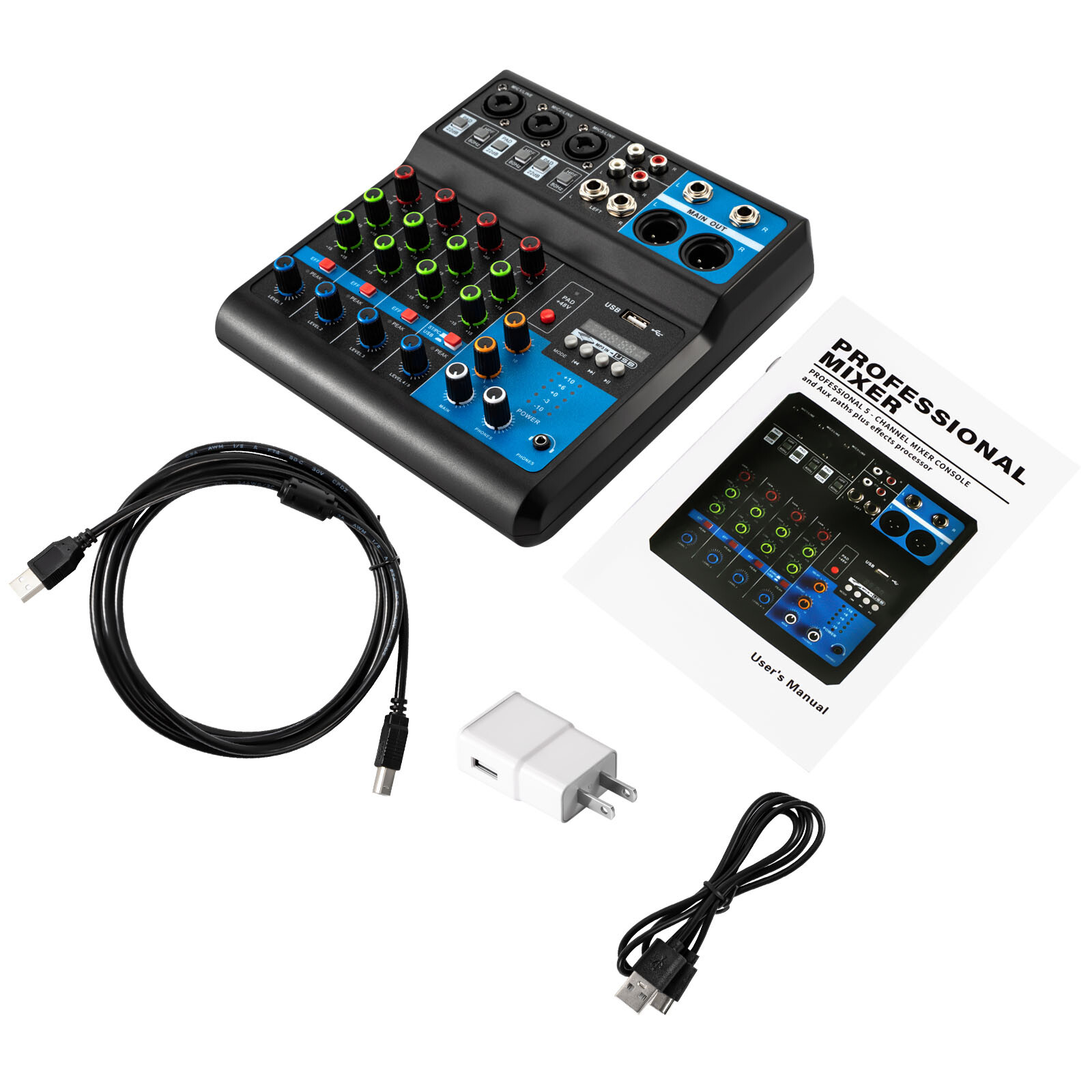 5-Channel Mixing Console Live Studio Audio Mixer Sound Board DJ USB Interface