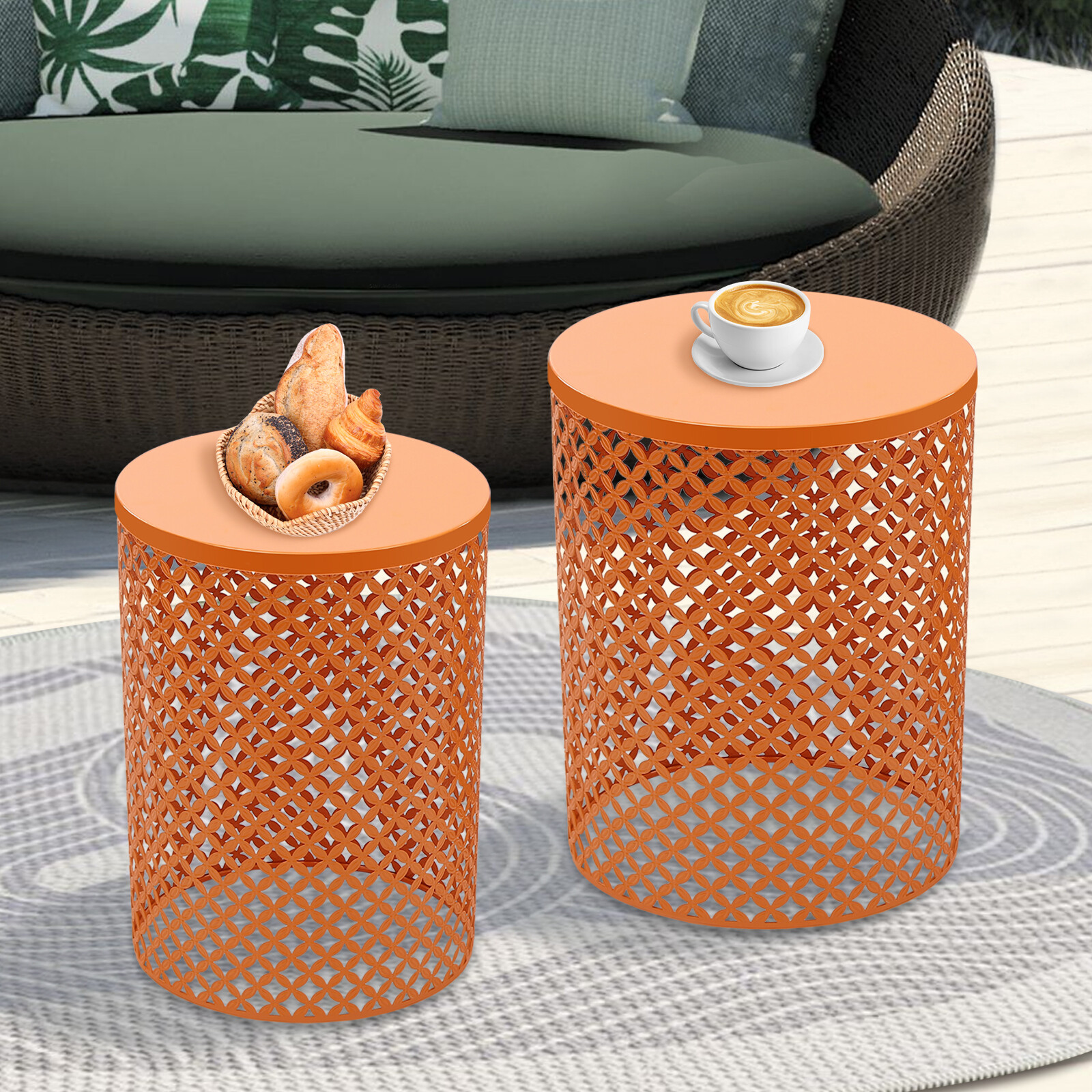 2Pcs Indoor/Outdoor Side Table, Metal Frame Accent Table, Modern End Table