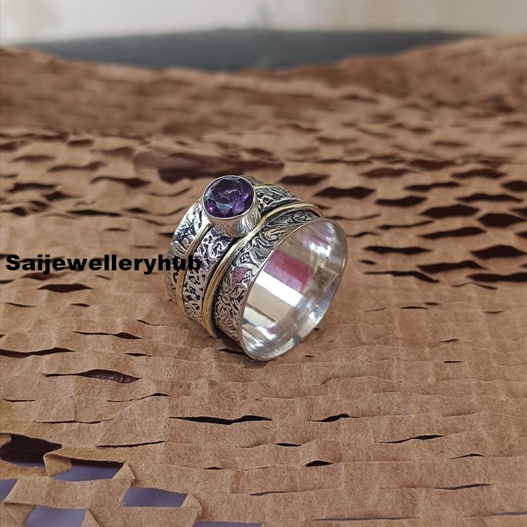 Boho 925 Sterling Silver Amethyst Ring Handmade Spinner Band Ring All Size SR807