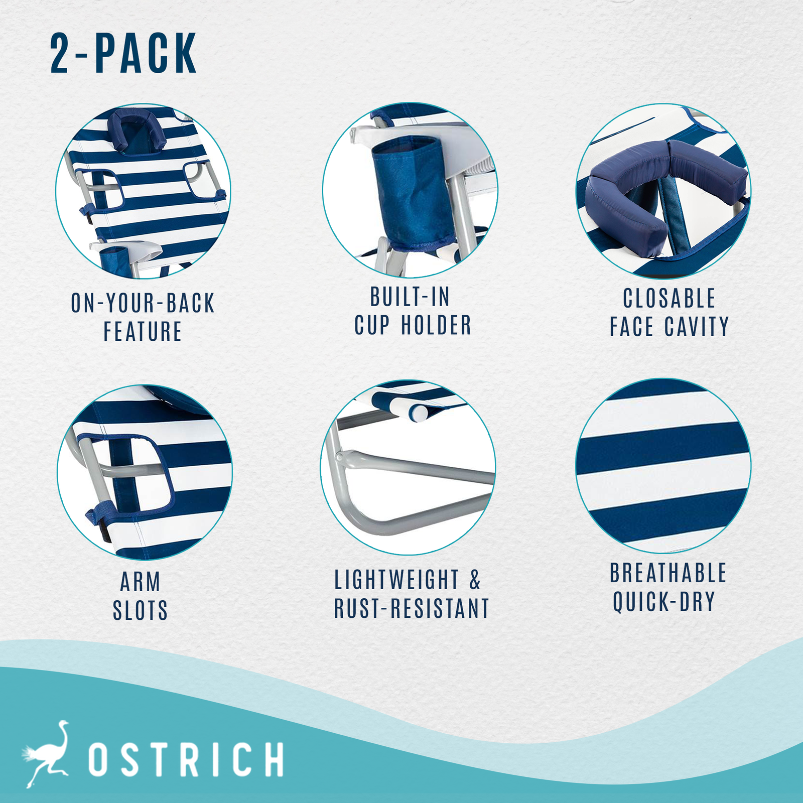 Ostrich On-Your-Back Outdoor Lounge 5 Position Recline Beach Chair (2 Pack)