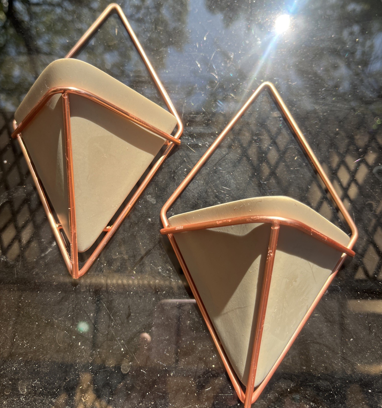 Geometric Triangular Sage Gray Planter W/ Hangers Pair Copper Colored Metal New