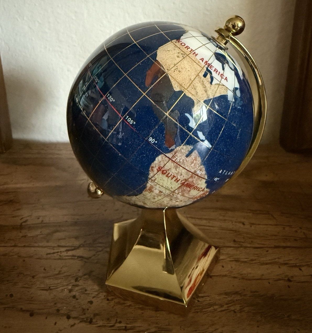 Macheli Gemstone Tabletop World Globe Rotating w/ Gold-Tone Metal Base