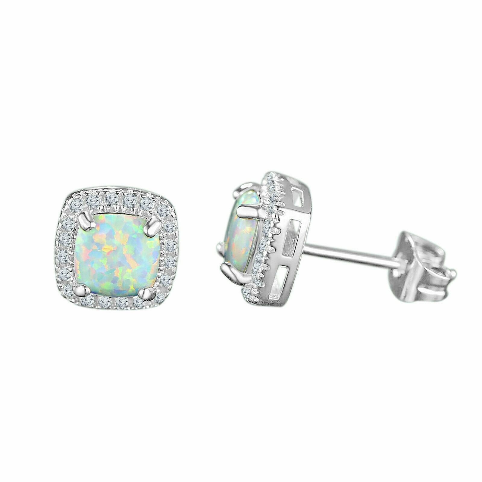 Lab Created Fire Opal  White Topaz Halo Sqaure Stud Earrings 925 Sterling Silver