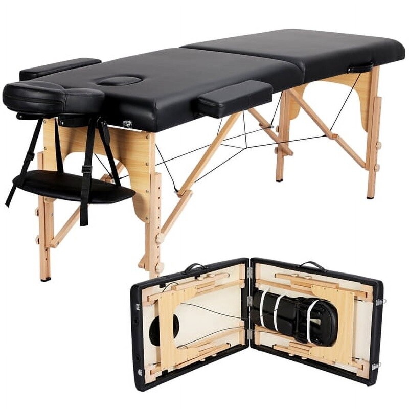 Portable Adjustable Wooden Massage Table Foldable Spa Bed Therapy Couch Black