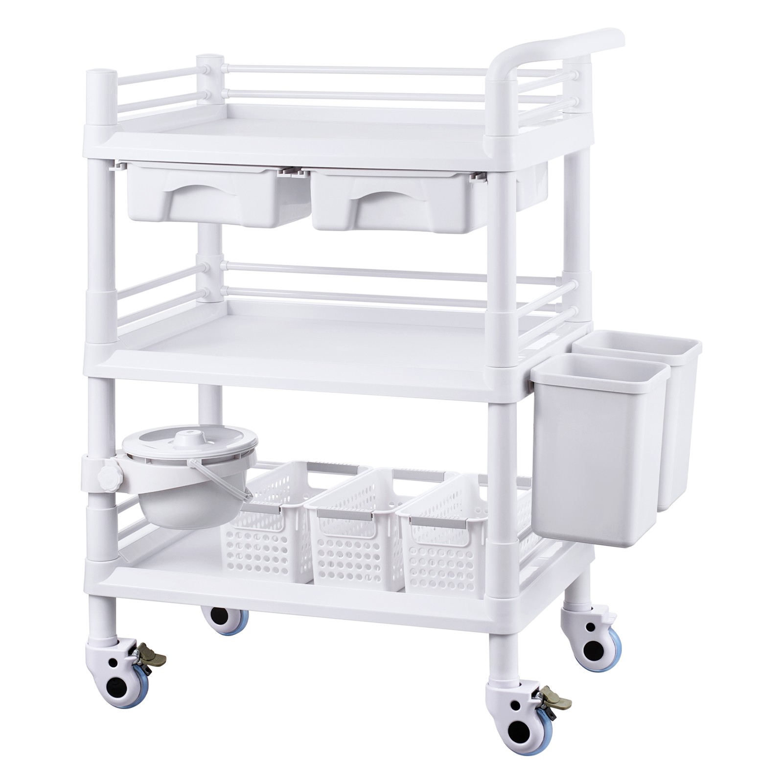Rolling Lab Cart with 3 Trays & Trash Cans, Mobile Storage Trolley