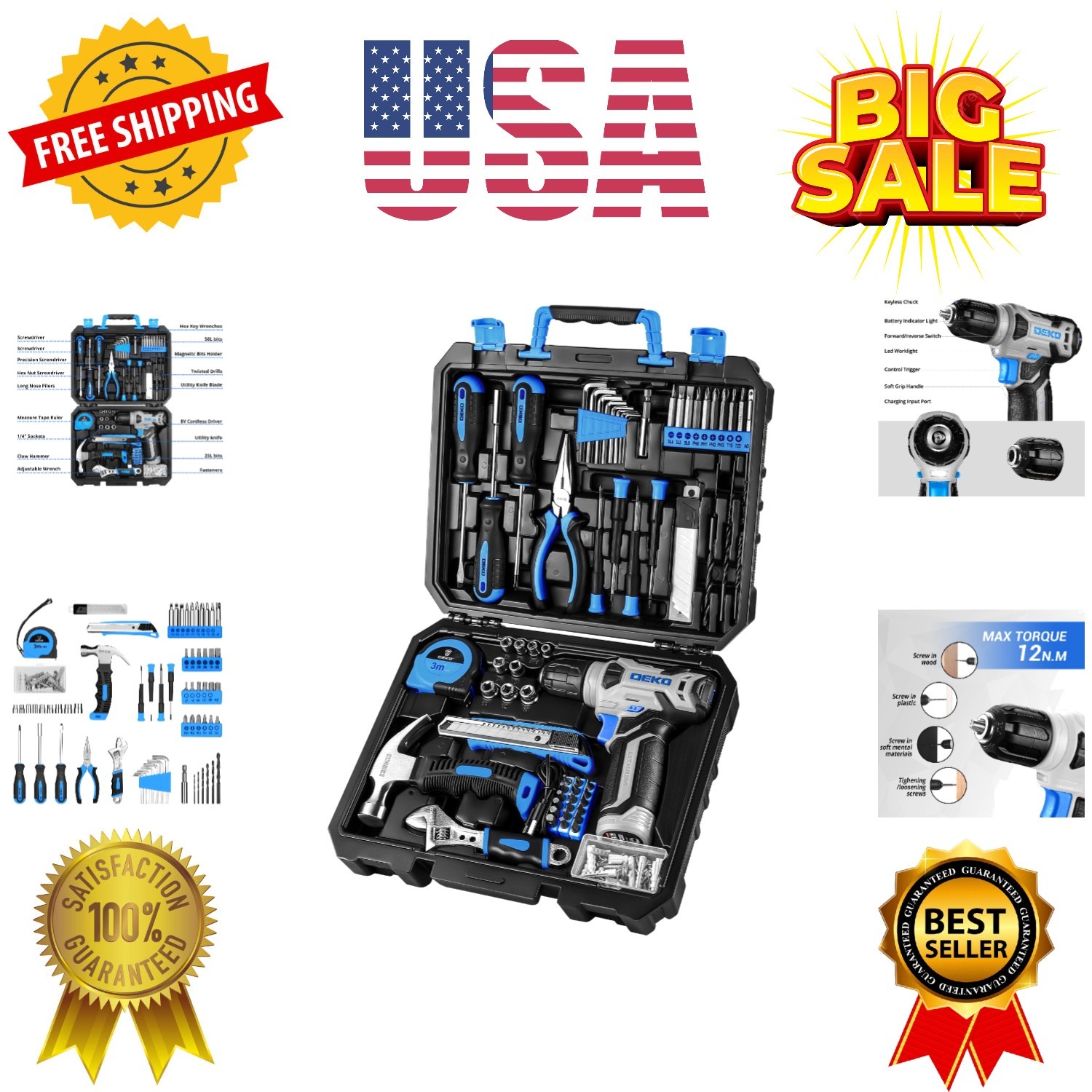 Drill Set: Tool Set with 8V Blue Cordless Drill, Home Tool Kit with Drill, Ha...
