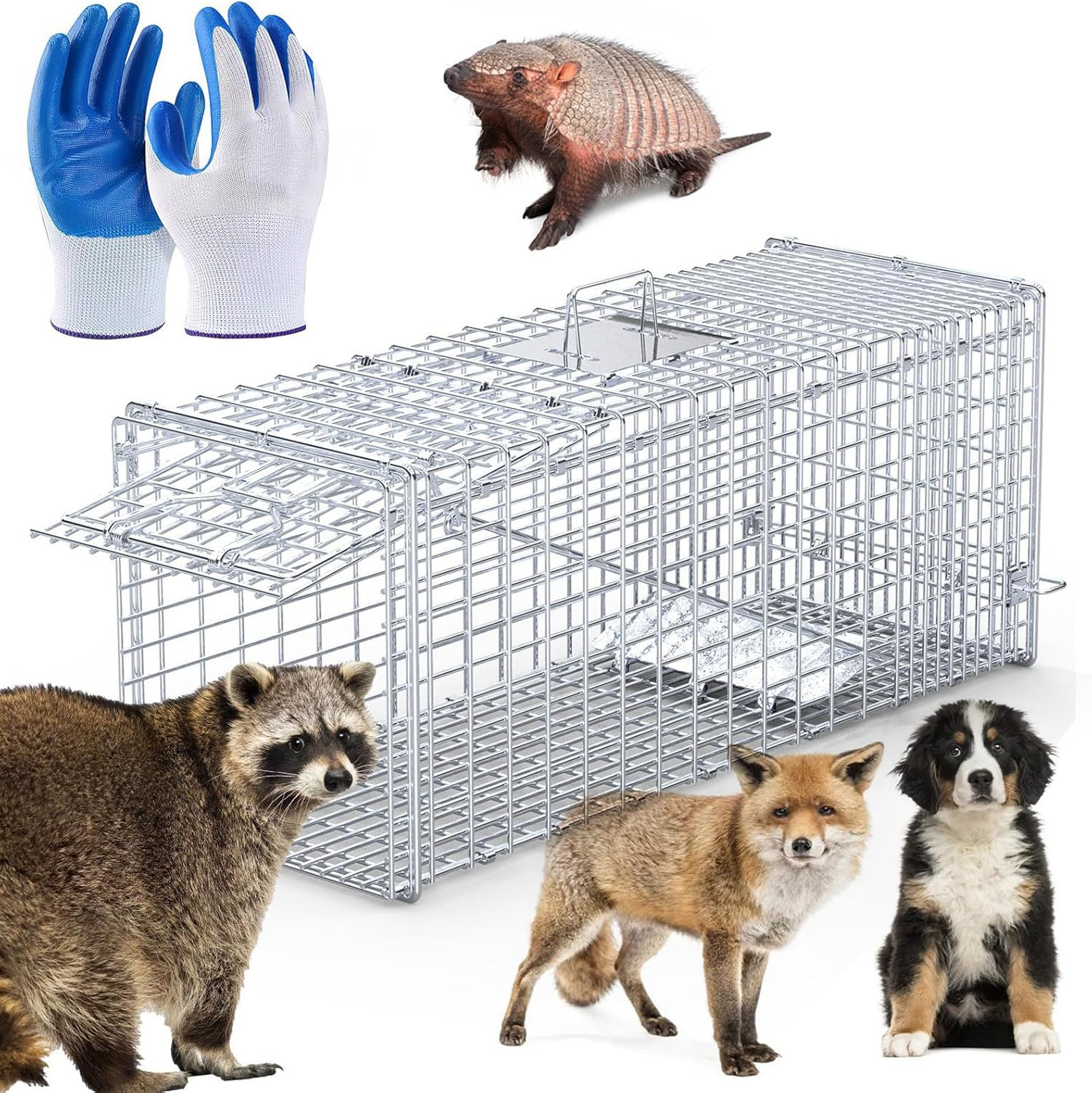 Live Animal Trap 37 "X 14"X 15" Large Humane Cat Trap Cage with Pair of Gloves H