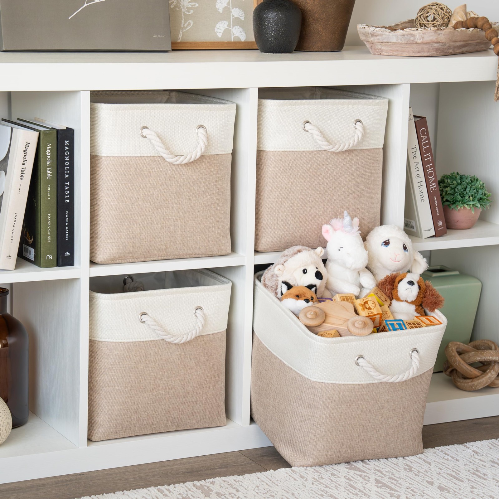 12x12 Cube Storage Bins 4 Pack, Foldable Cube Storage Organizer w/ Rope Handl...