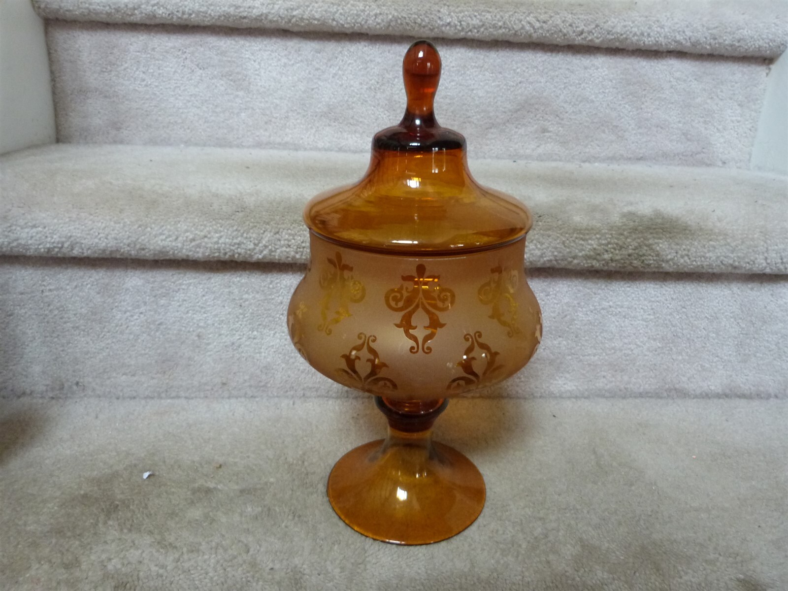 VINTAGE MCM Amber Apothecary Jar Candy Compote Etched Fleur De Lis 13"